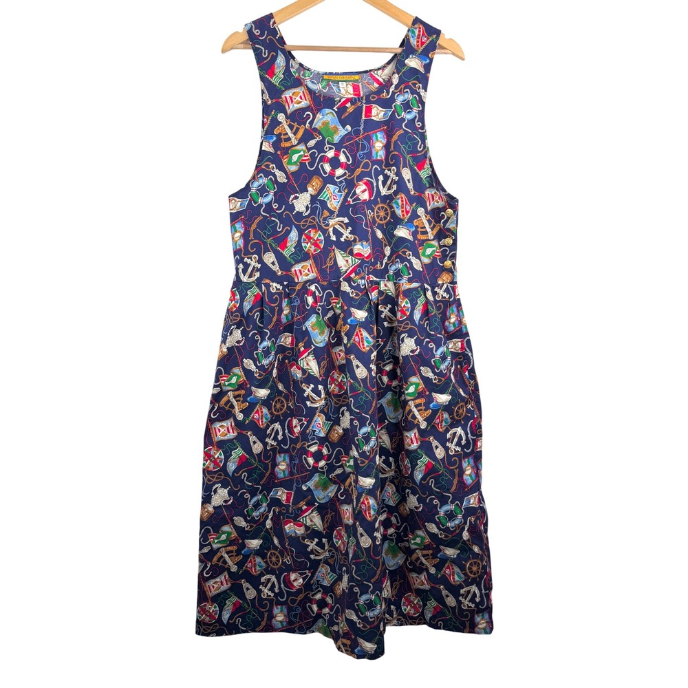 VTG Bryn Connelly Nautical novelty Print Midi Dress Navy retro cottage sz‎ S